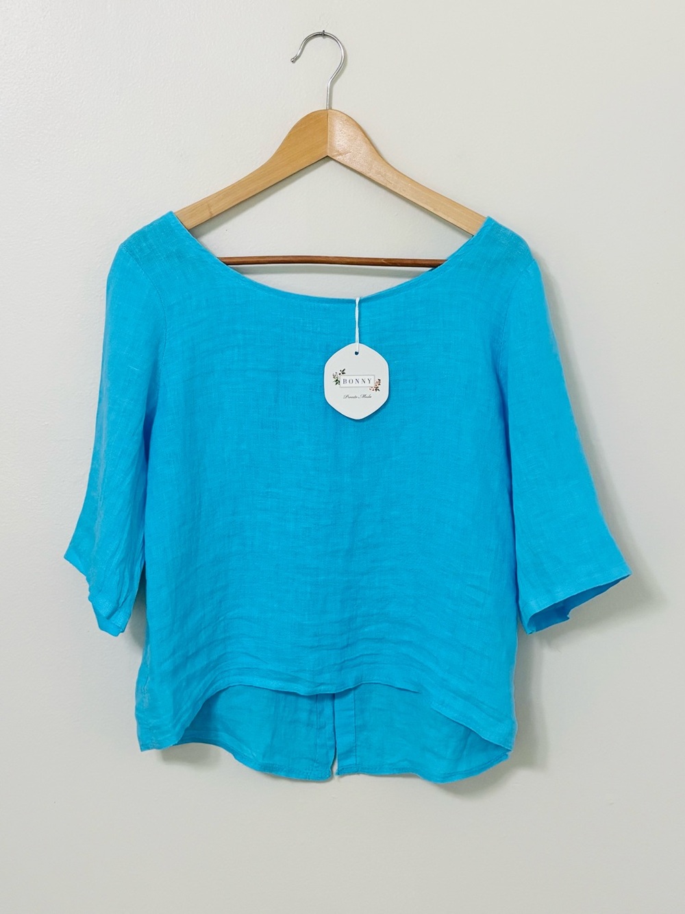 NWT Italian Linen BONNY Pronto Moda Top Teal Made in Italy 3/4 Sleeve 100% Linen
